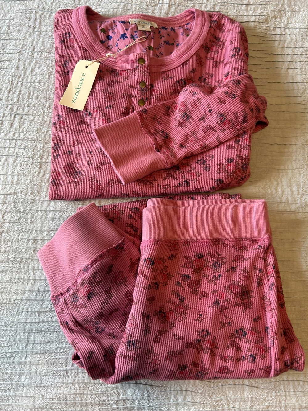 Sundance Pink Floral Pajama Set New Small Thermal Jogger Waffle Knit